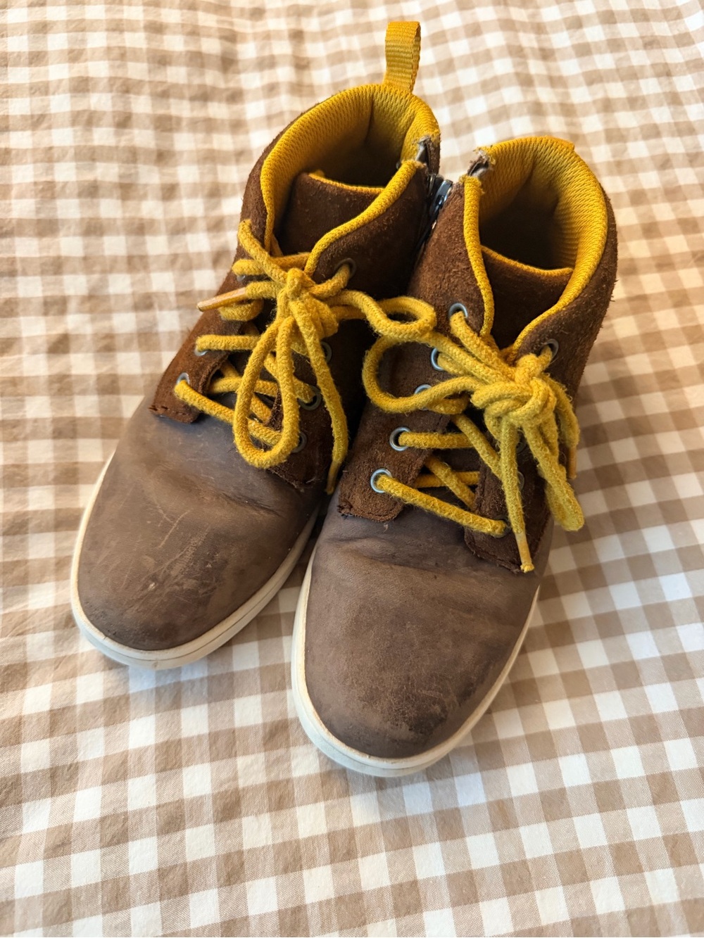 Kids Brown Suede Boots with Yellow Accents